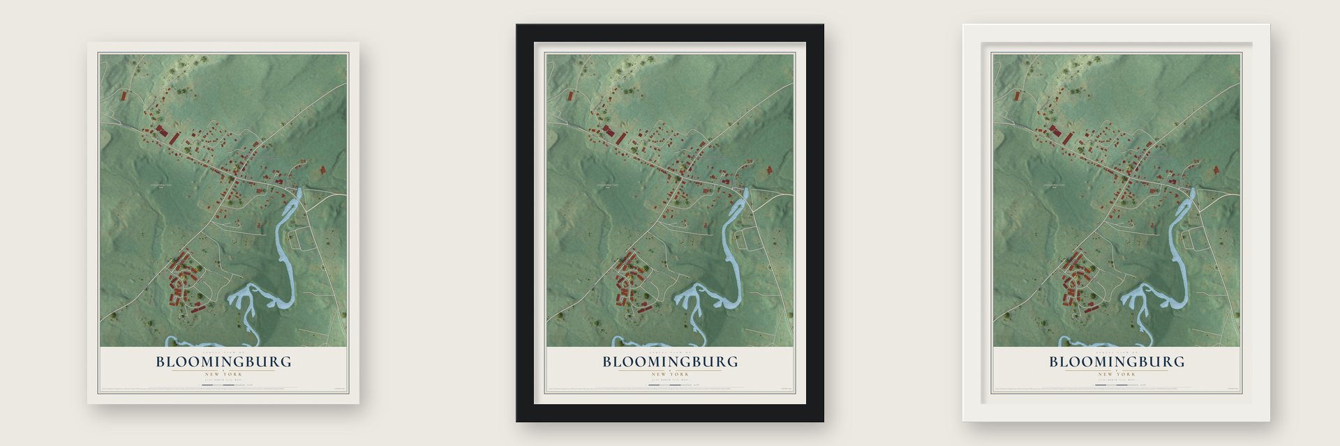 Bloomingburg, New York map unframed, in a black wood frame and in a white wood frame