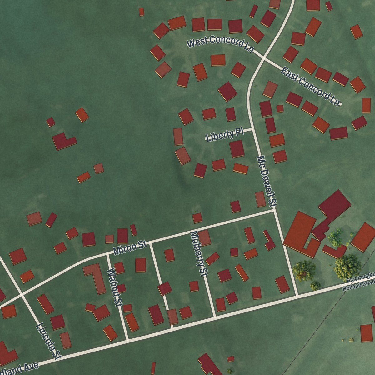 Second close-up of the map of Bloomingburg, Ohio print showing more streets and buildings