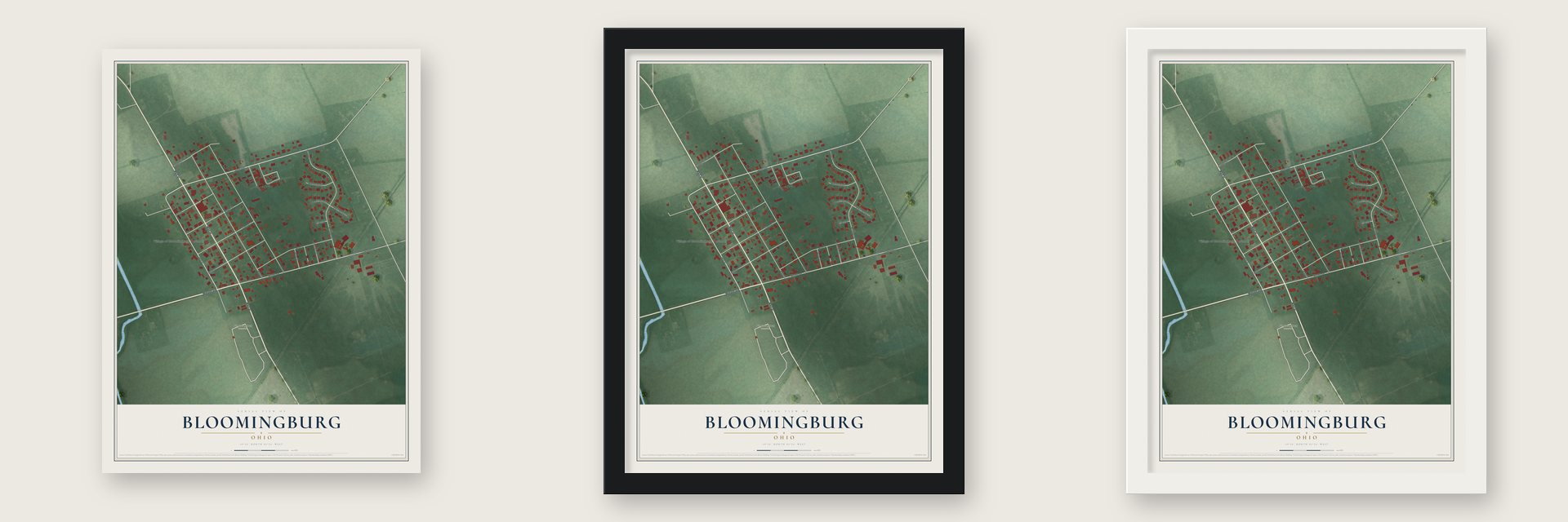 Bloomingburg, Ohio map unframed, in a black wood frame and in a white wood frame