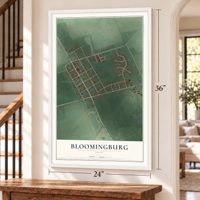 Bloomingburg, Ohio map, 24 x 36 inch print in a white frame by a staircase