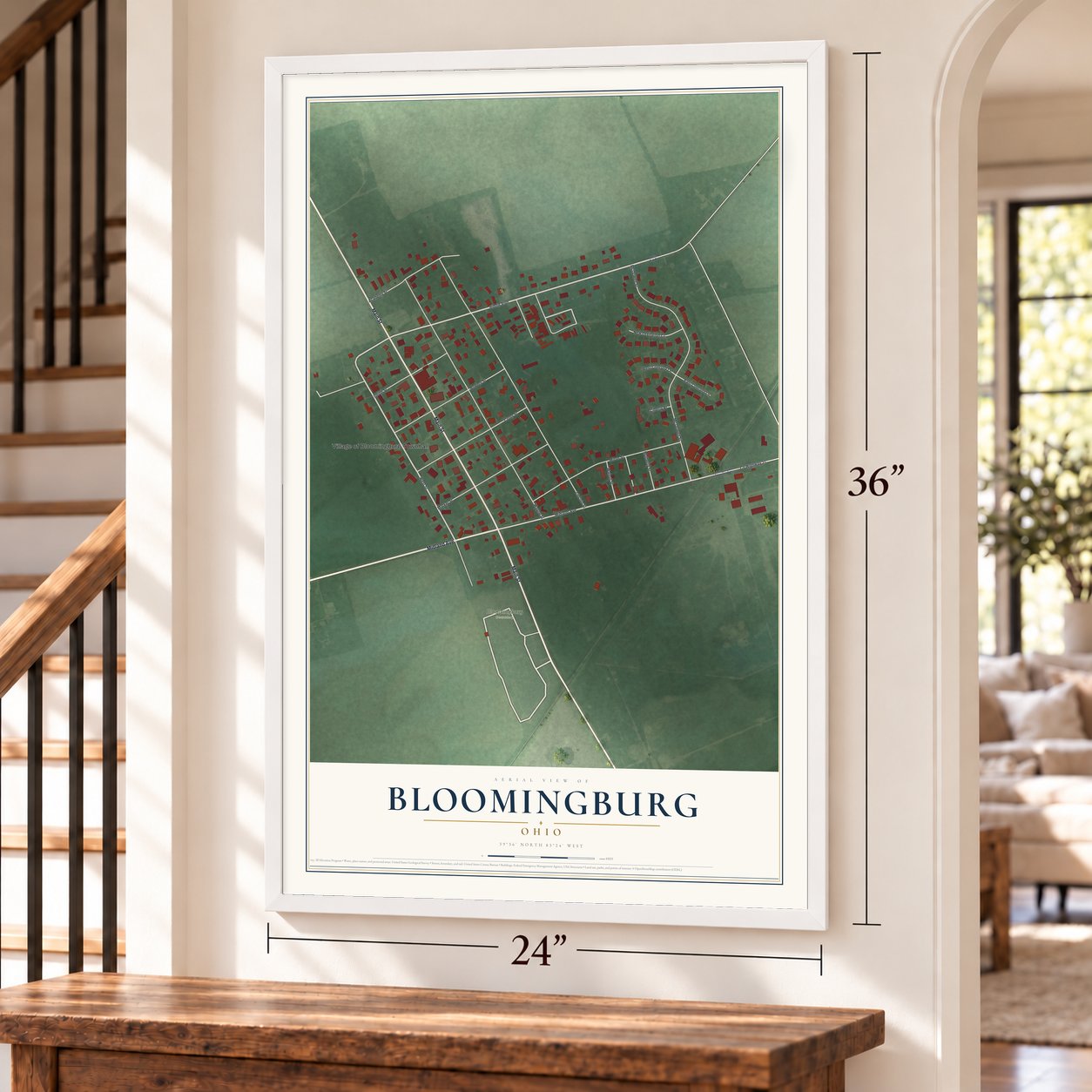 Bloomingburg, Ohio map, 24 x 36 inch print in a white frame by a staircase