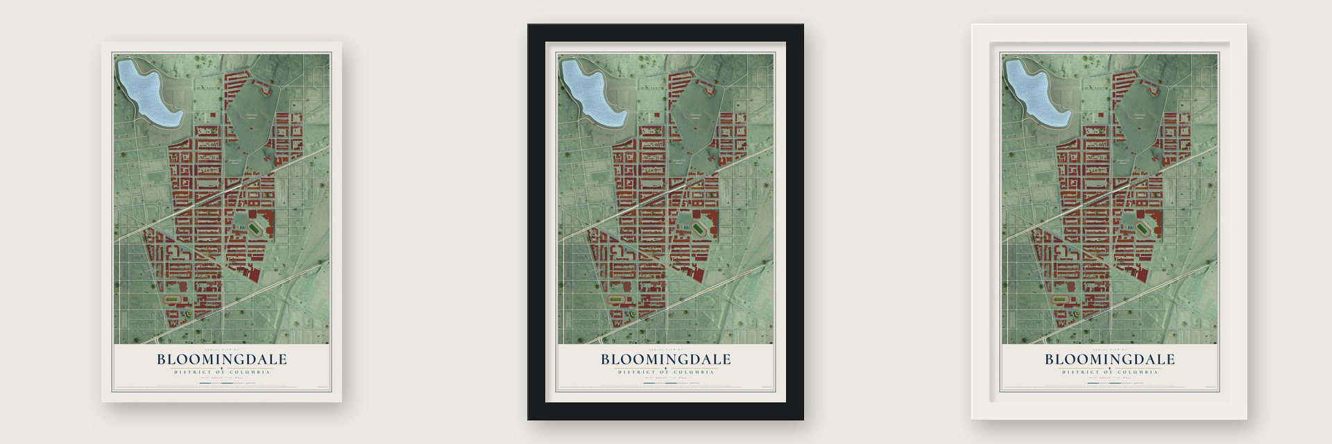 Bloomingdale, District of Columbia map unframed, in a black wood frame and in a white wood frame