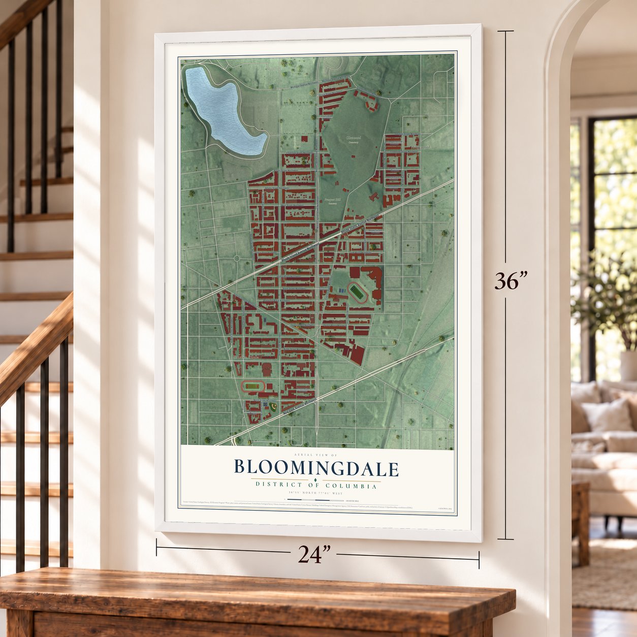 Bloomingdale, District of Columbia map, 24 x 36 inch print in a white frame by a staircase