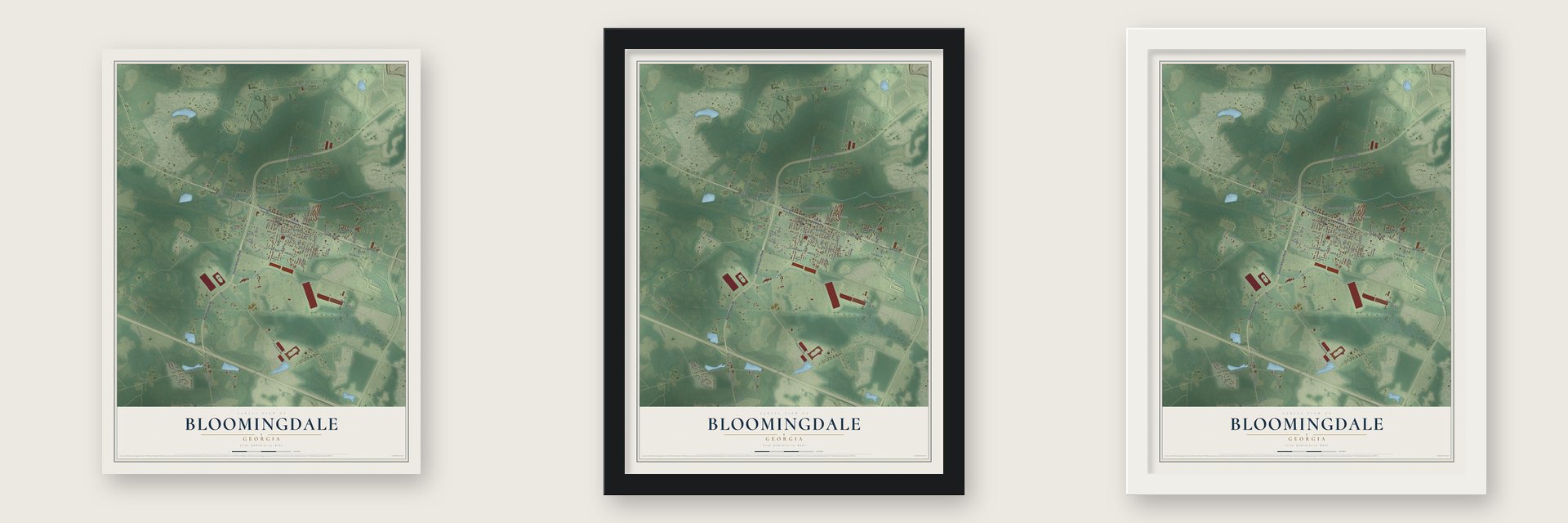 Bloomingdale, Georgia map unframed, in a black wood frame and in a white wood frame