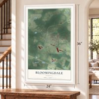 Bloomingdale, Georgia map, 24 x 36 inch print in a white frame by a staircase
