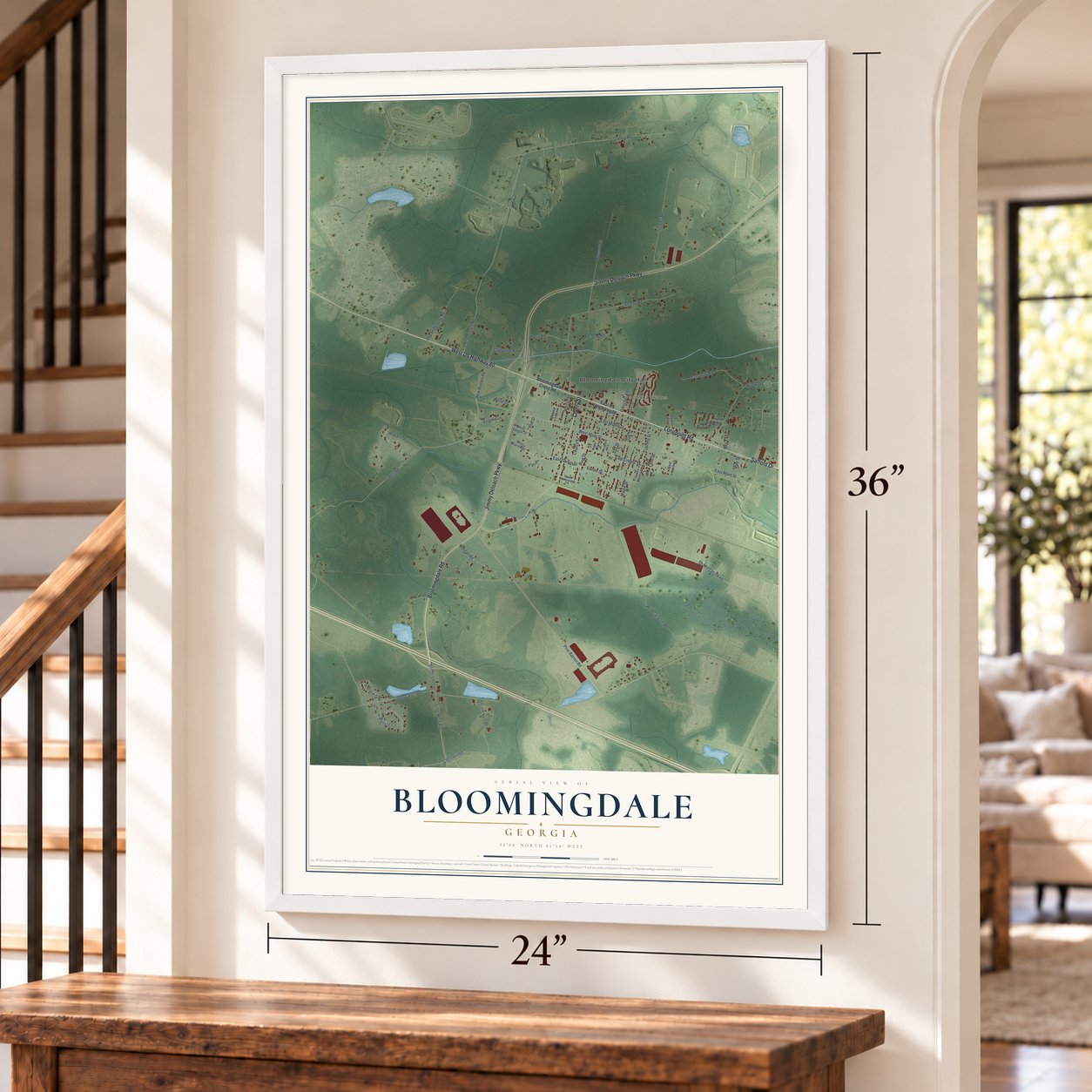 Bloomingdale, Georgia map, 24 x 36 inch print in a white frame by a staircase