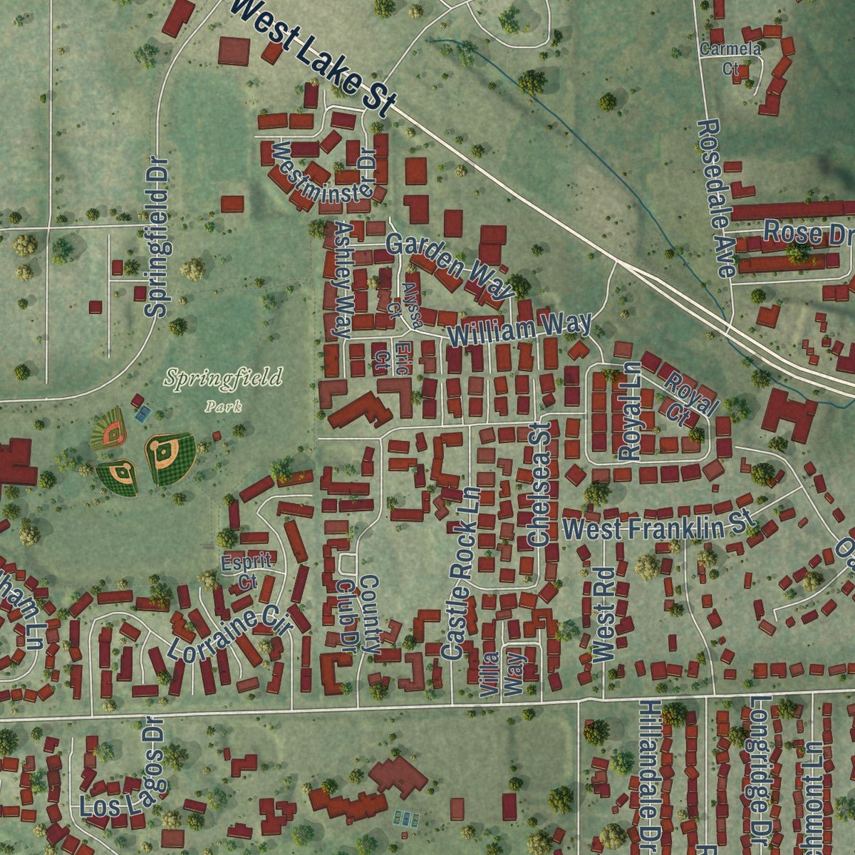 Second close-up of the map of Bloomingdale, Illinois print showing more streets and buildings