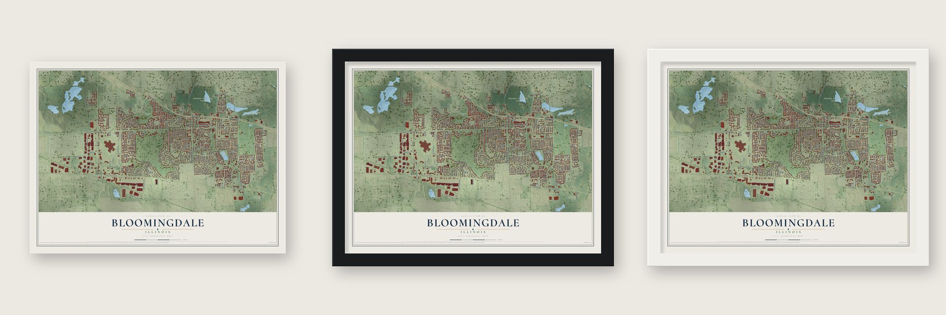 Bloomingdale, Illinois map unframed, in a black wood frame and in a white wood frame
