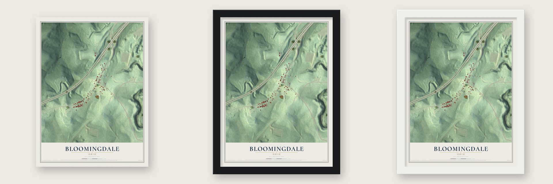 Bloomingdale, Ohio map unframed, in a black wood frame and in a white wood frame