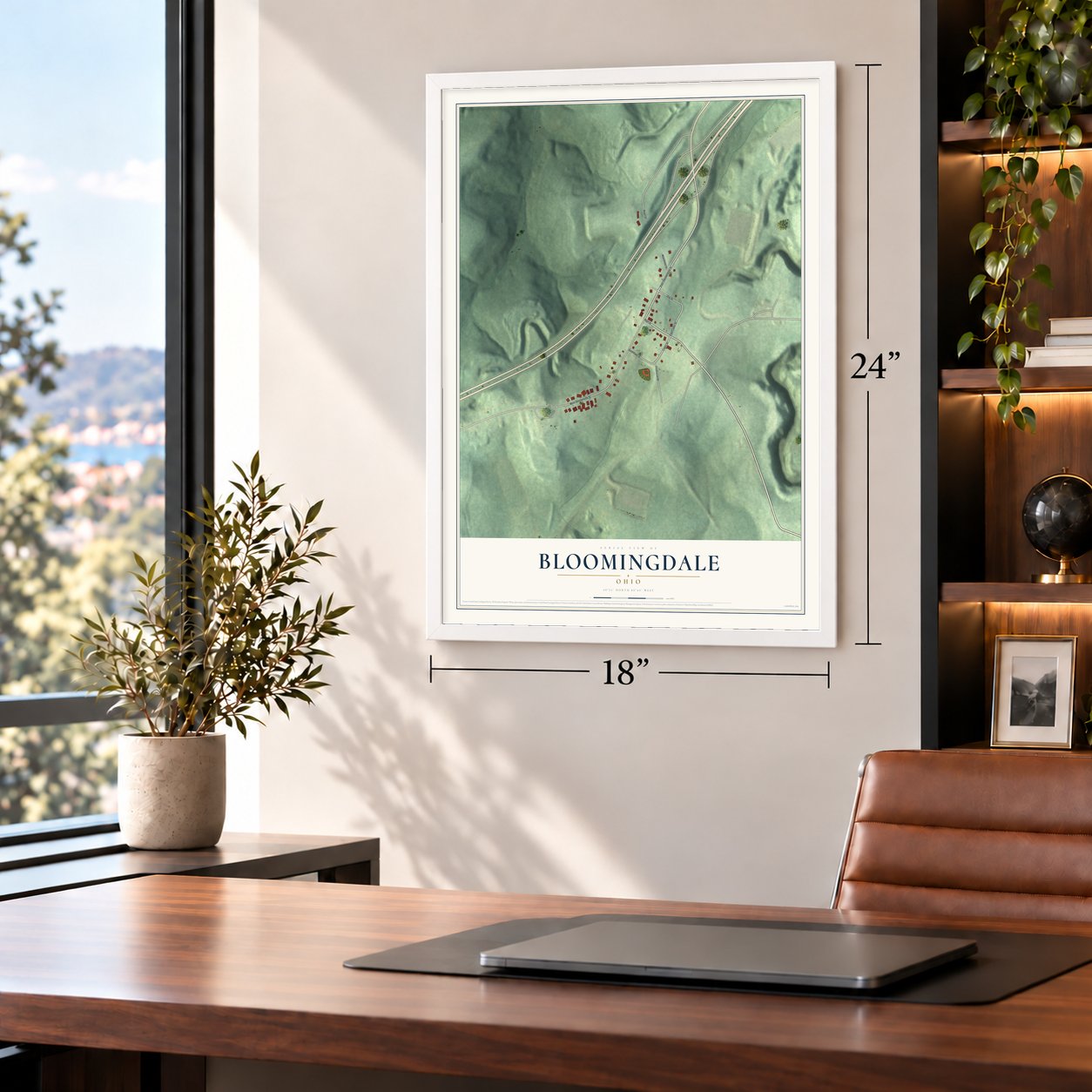 Bloomingdale, Ohio map, 18 x 24 inch print in a white frame in a home office