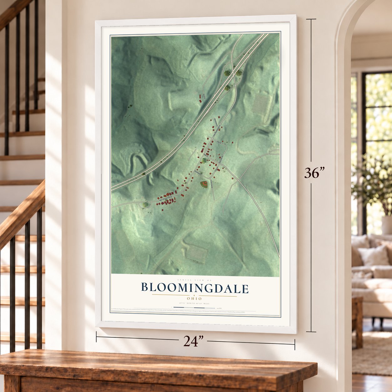 Bloomingdale, Ohio map, 24 x 36 inch print in a white frame by a staircase