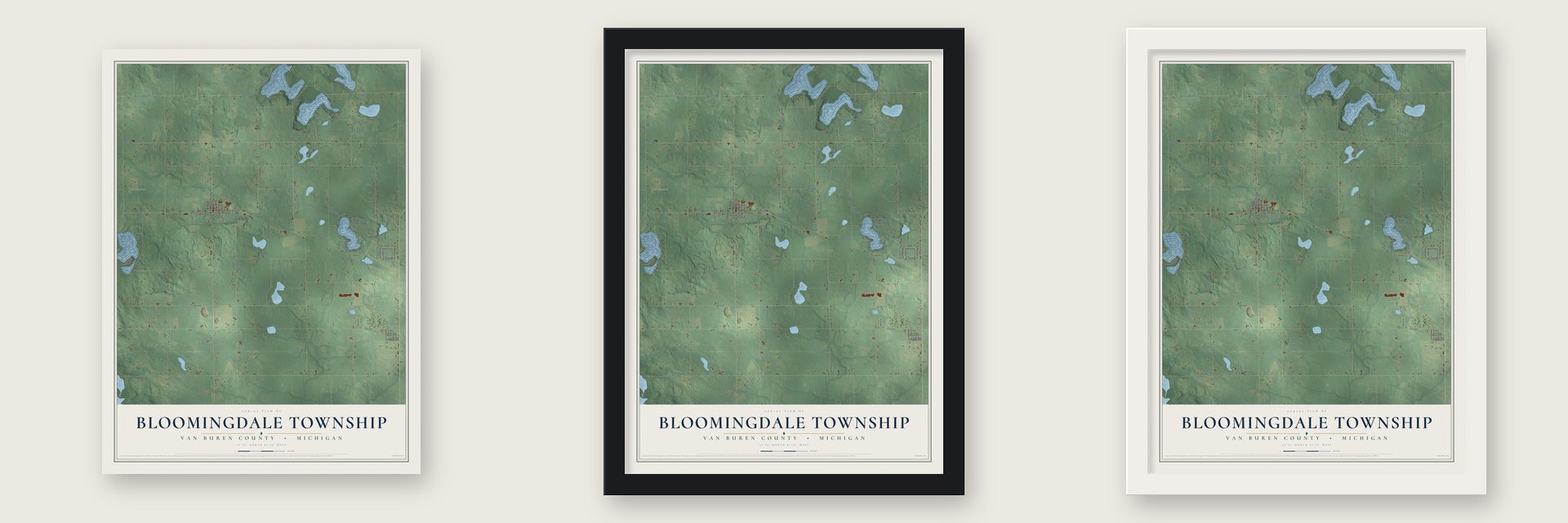 Bloomingdale Township, Michigan map unframed, in a black wood frame and in a white wood frame