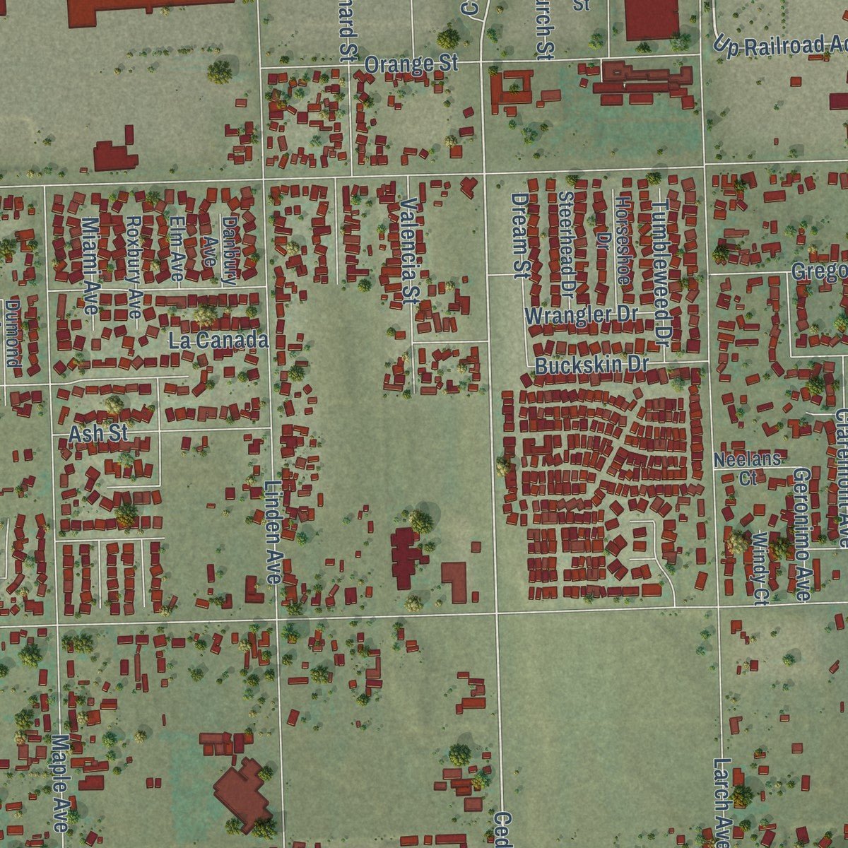 Second close-up of the map of Bloomington, California print showing more streets and buildings