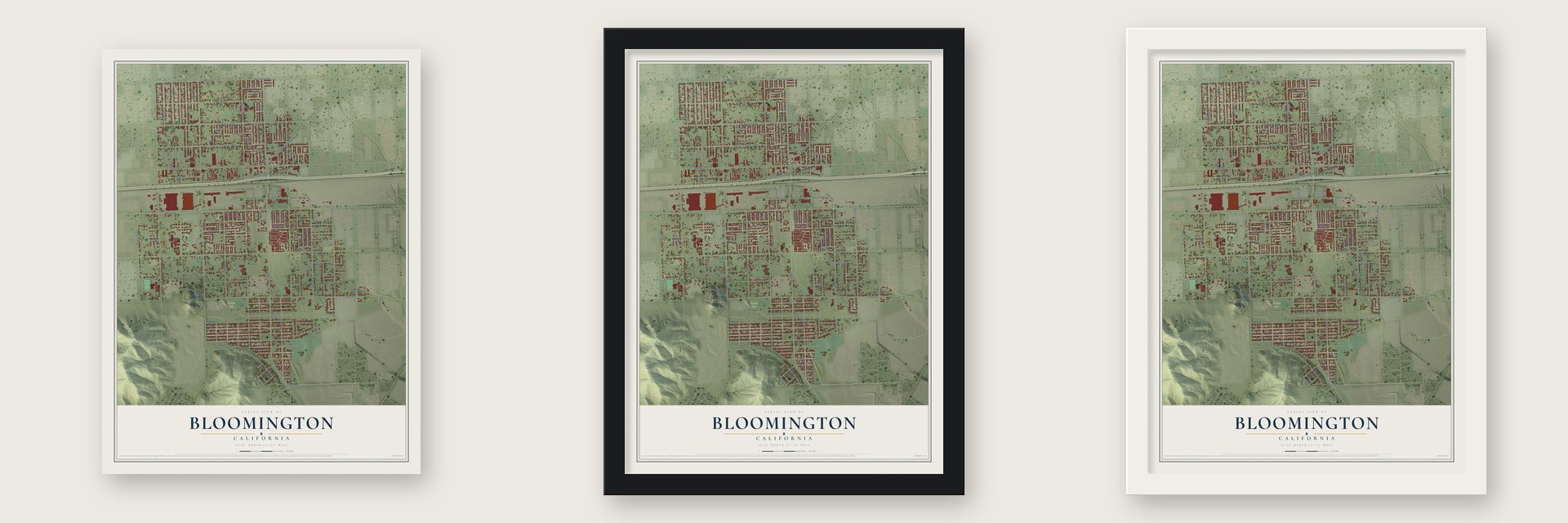 Bloomington, California map unframed, in a black wood frame and in a white wood frame