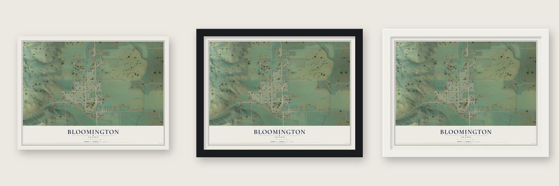 Bloomington, Idaho map unframed, in a black wood frame and in a white wood frame