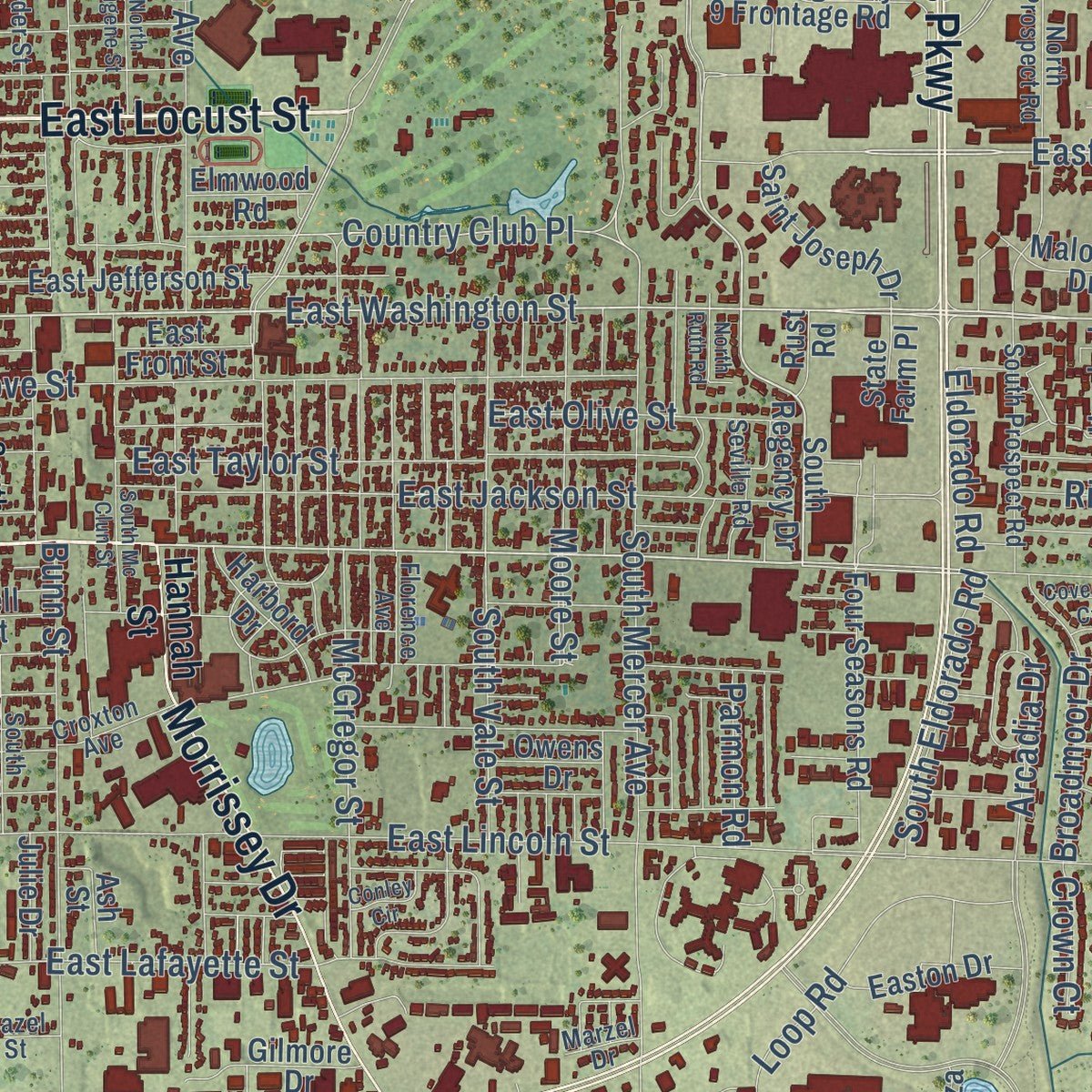 Second close-up of the map of Bloomington, Illinois print showing more streets and buildings