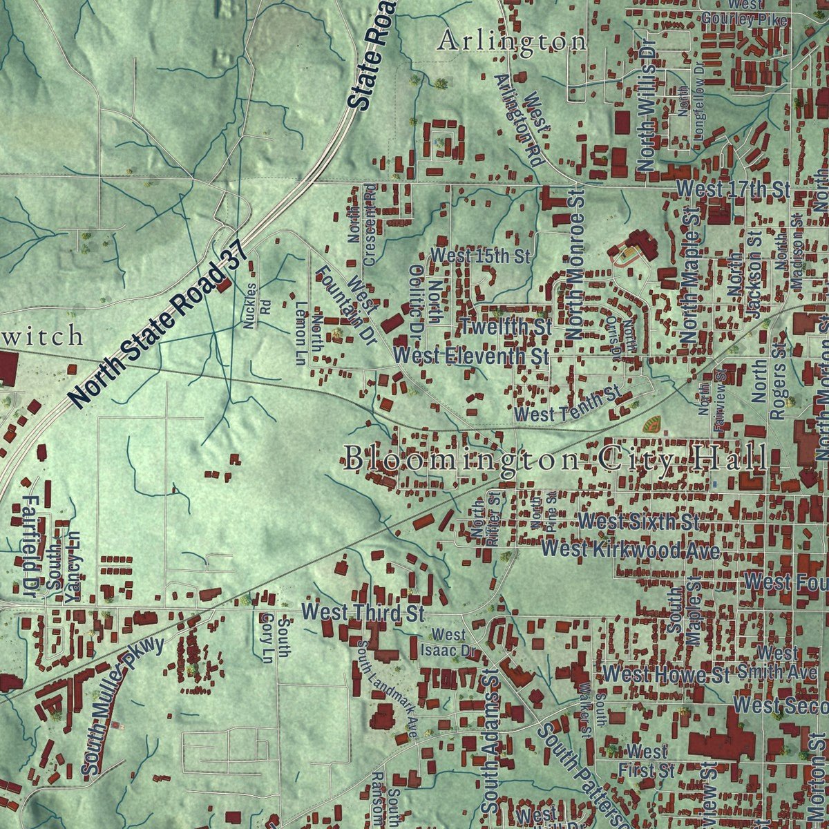 Second close-up of the map of Bloomington, Indiana print showing more streets and buildings