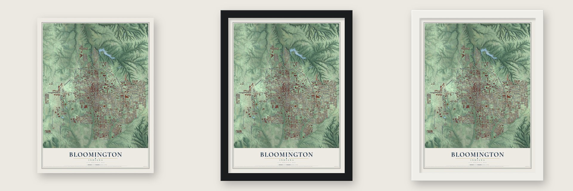 Bloomington, Indiana map unframed, in a black wood frame and in a white wood frame