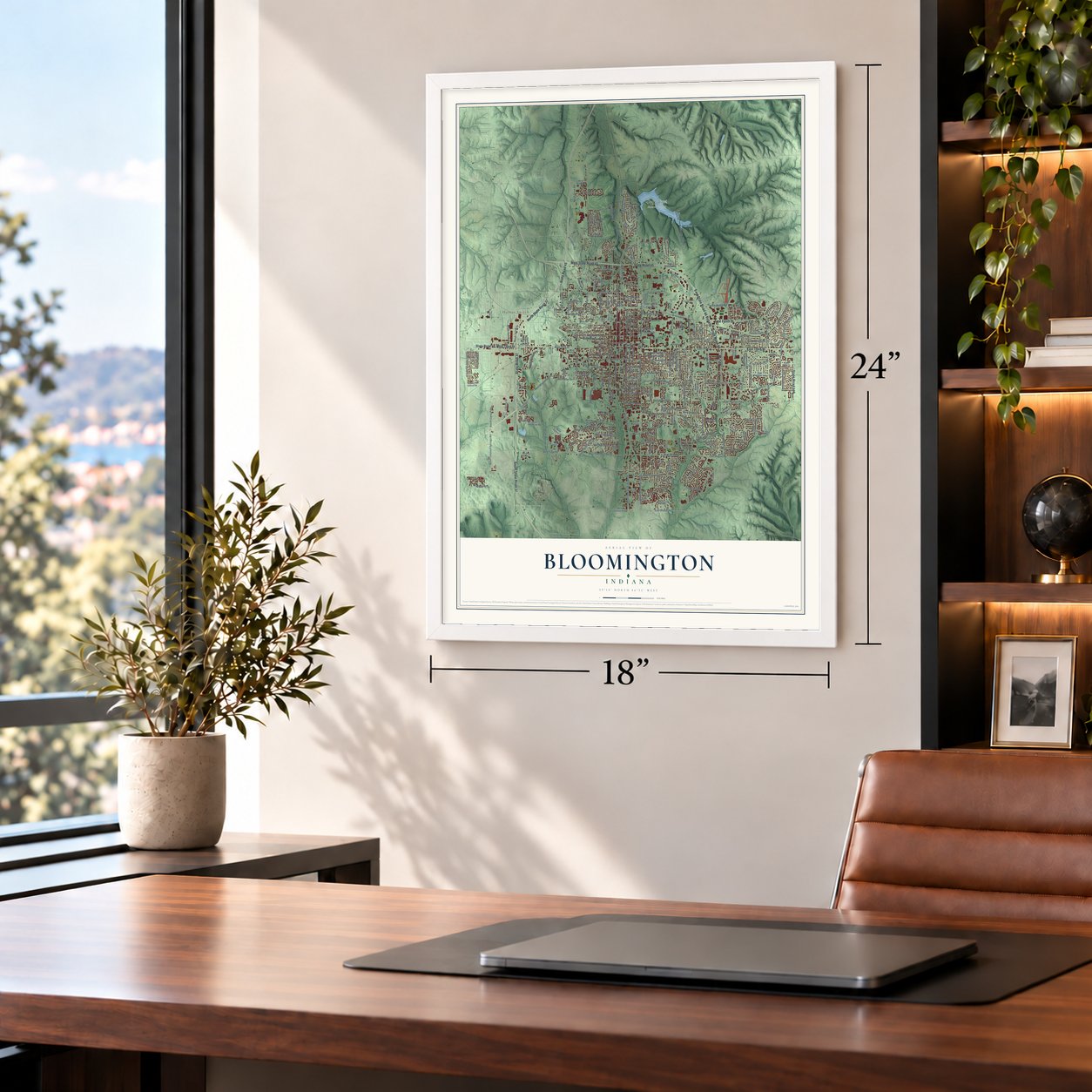 Bloomington, Indiana map, 18 x 24 inch print in a white frame in a home office