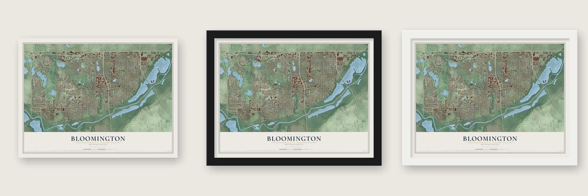 Bloomington, Minnesota map unframed, in a black wood frame and in a white wood frame
