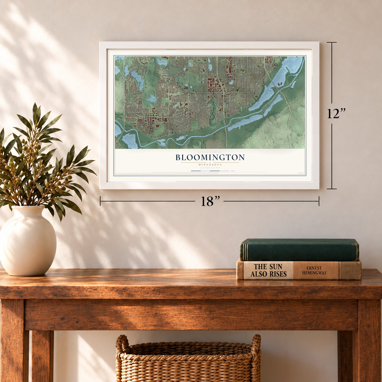 Bloomington, Minnesota map, 12 x 18 inch print in a white frame in an entryway