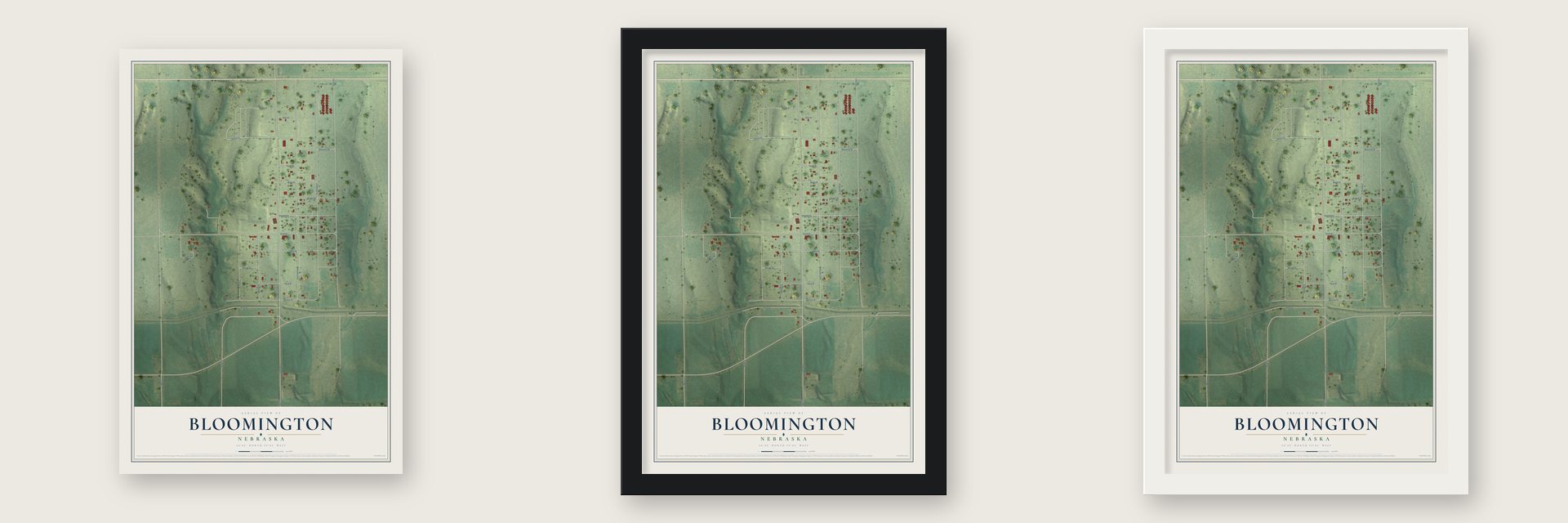 Bloomington, Nebraska map unframed, in a black wood frame and in a white wood frame