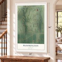 Bloomington, Nebraska map, 24 x 36 inch print in a white frame by a staircase