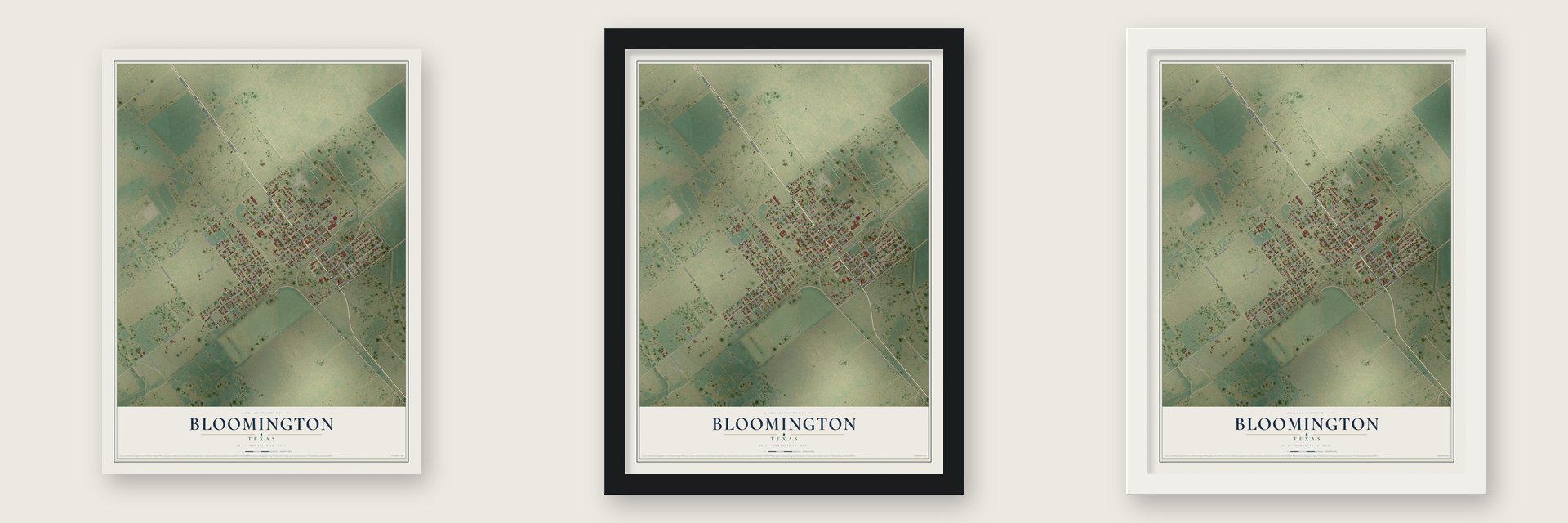 Bloomington, Texas map unframed, in a black wood frame and in a white wood frame