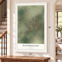 Bloomington, Texas map, 24 x 36 inch print in a white frame by a staircase