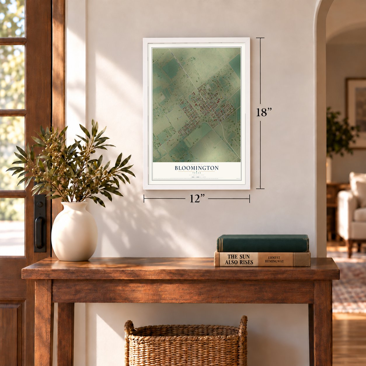 Bloomington, Texas map, 12 x 18 inch print in a white frame in an entryway