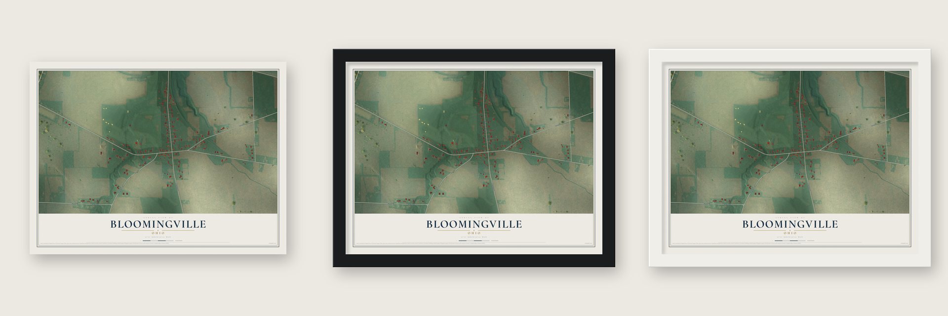 Bloomingville, Ohio map unframed, in a black wood frame and in a white wood frame