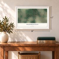 Bloomingville, Ohio map, 12 x 18 inch print in a white frame in an entryway