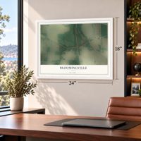 Bloomingville, Ohio map, 18 x 24 inch print in a white frame in a home office