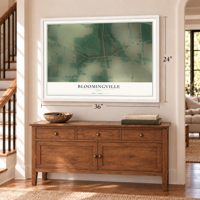 Bloomingville, Ohio map, 24 x 36 inch print in a white frame above a dresser by a staircase