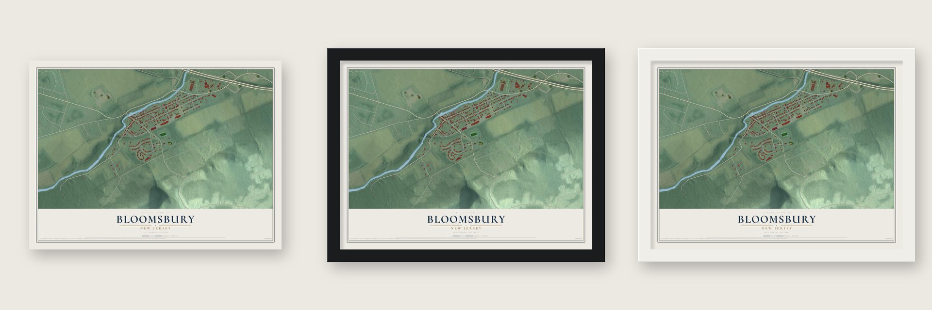 Bloomsbury, New Jersey map unframed, in a black wood frame and in a white wood frame