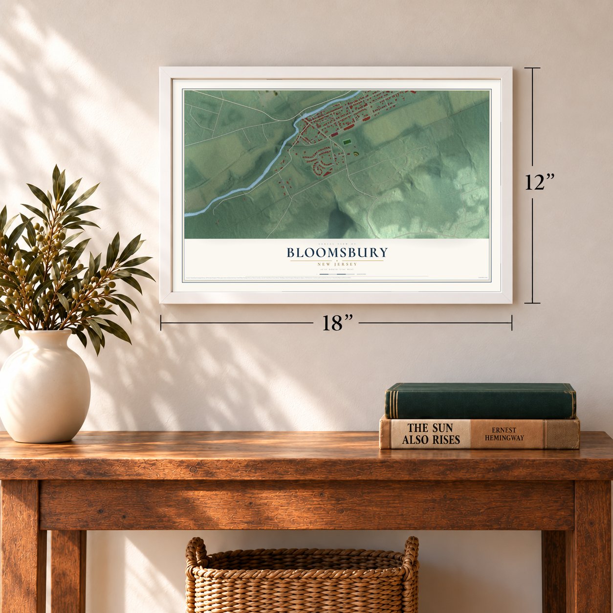 Bloomsbury, New Jersey map, 12 x 18 inch print in a white frame in an entryway