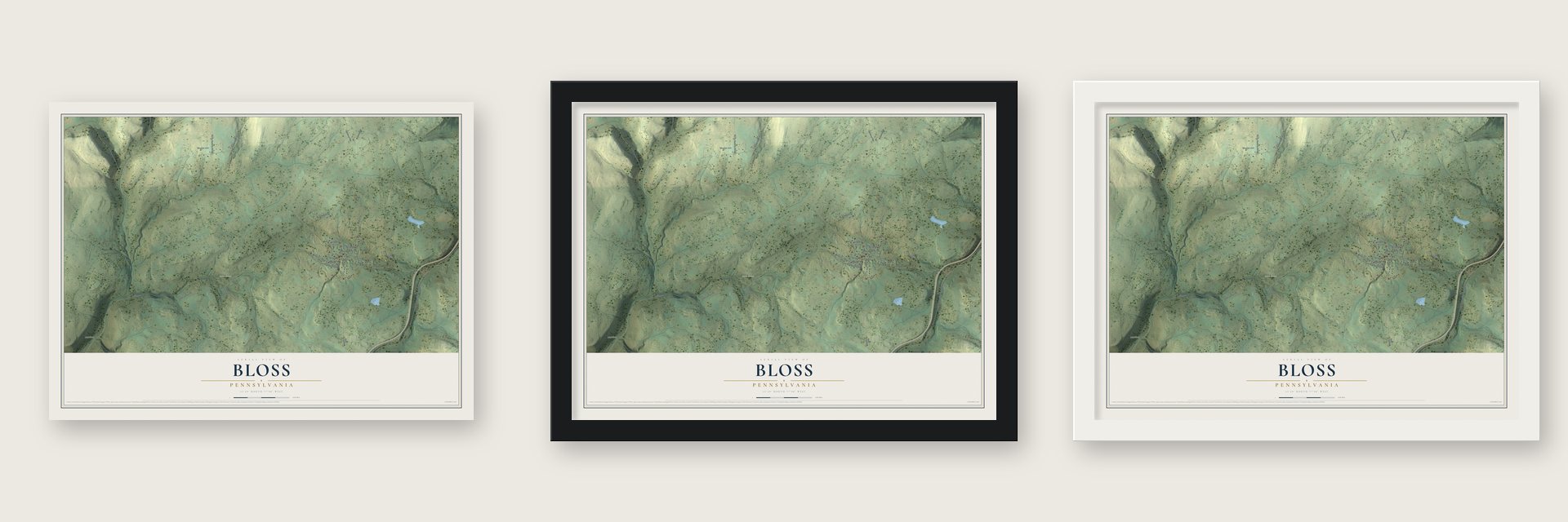 Bloss, Pennsylvania map unframed, in a black wood frame and in a white wood frame