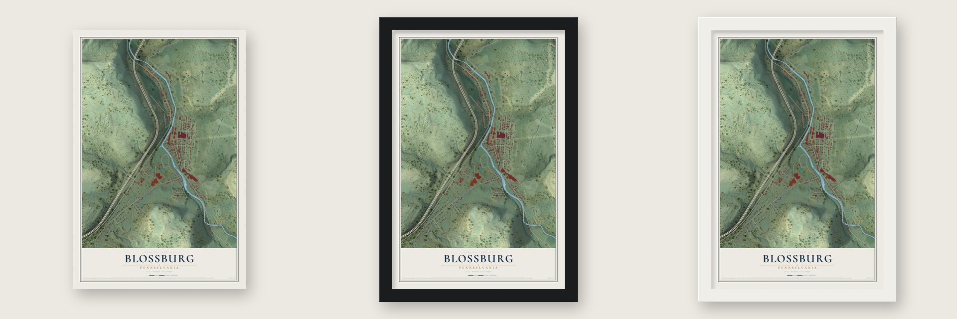 Blossburg, Pennsylvania map unframed, in a black wood frame and in a white wood frame