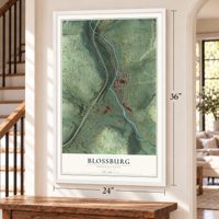 Blossburg, Pennsylvania map, 24 x 36 inch print in a white frame by a staircase