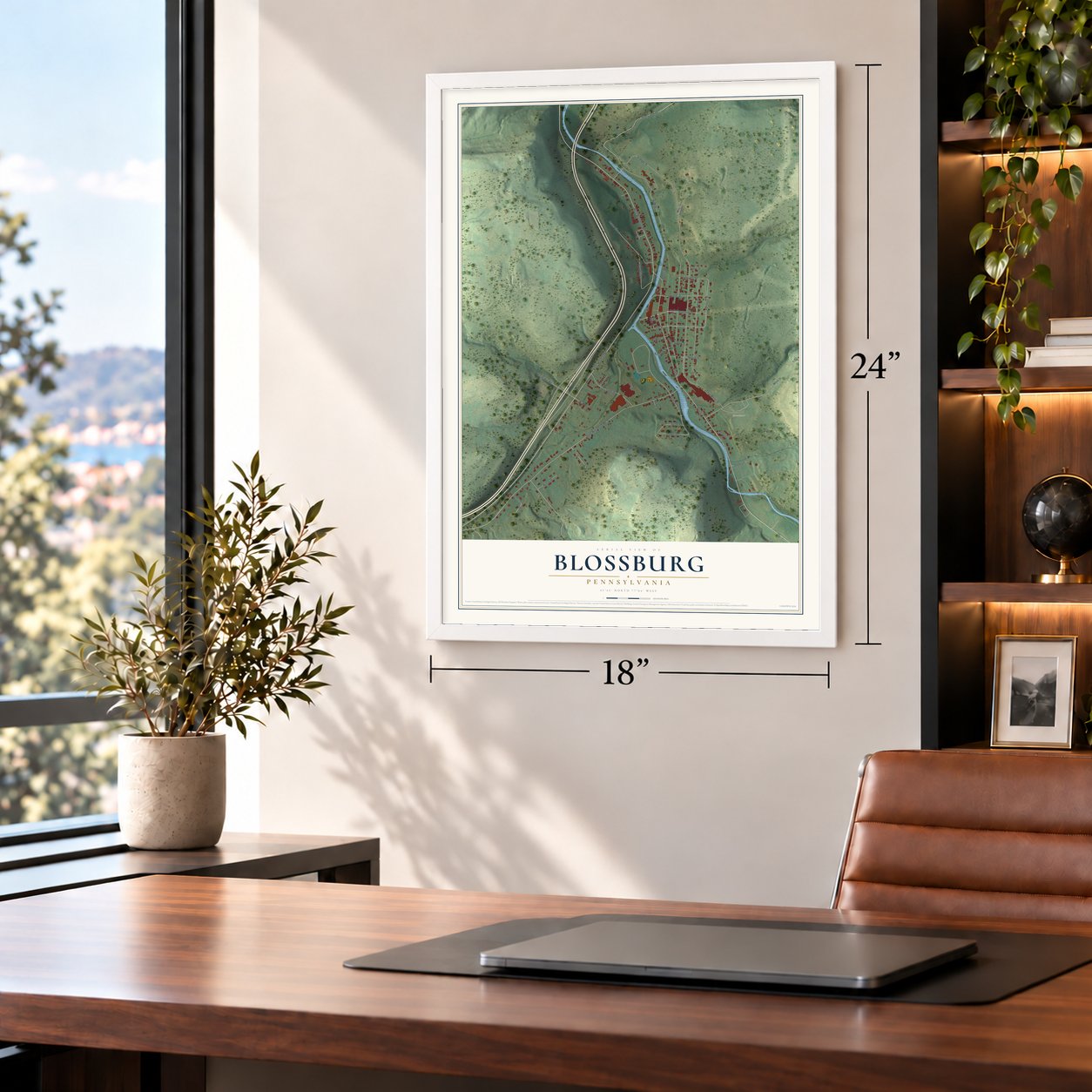 Blossburg, Pennsylvania map, 18 x 24 inch print in a white frame in a home office