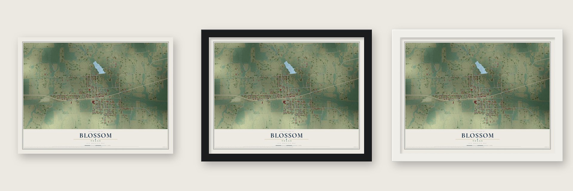 Blossom, Texas map unframed, in a black wood frame and in a white wood frame