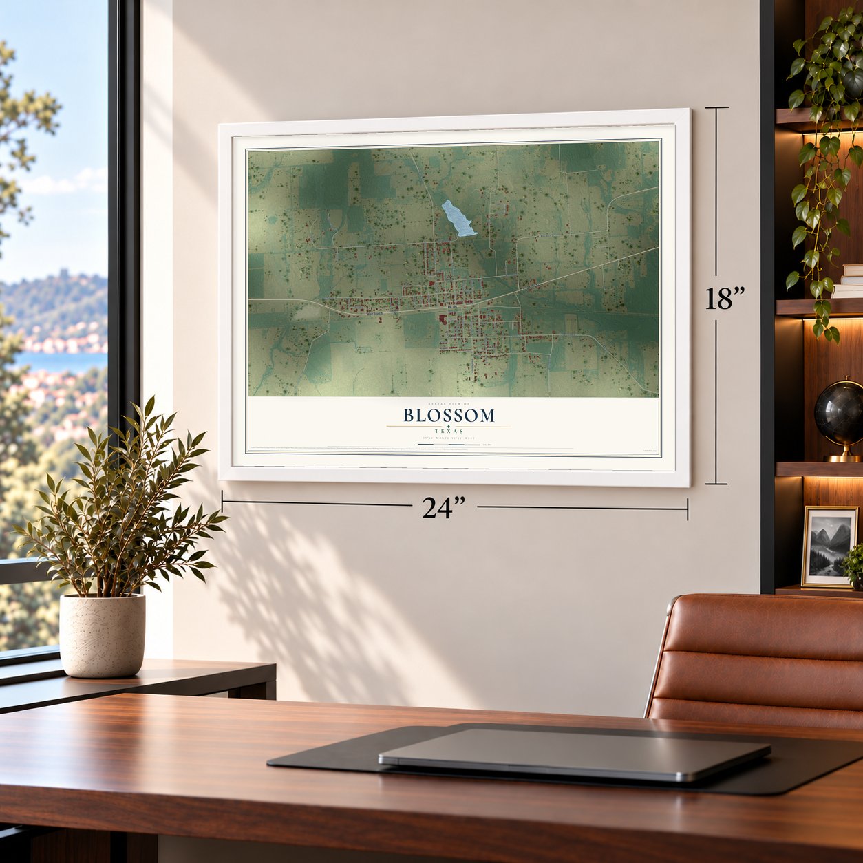 Blossom, Texas map, 18 x 24 inch print in a white frame in a home office