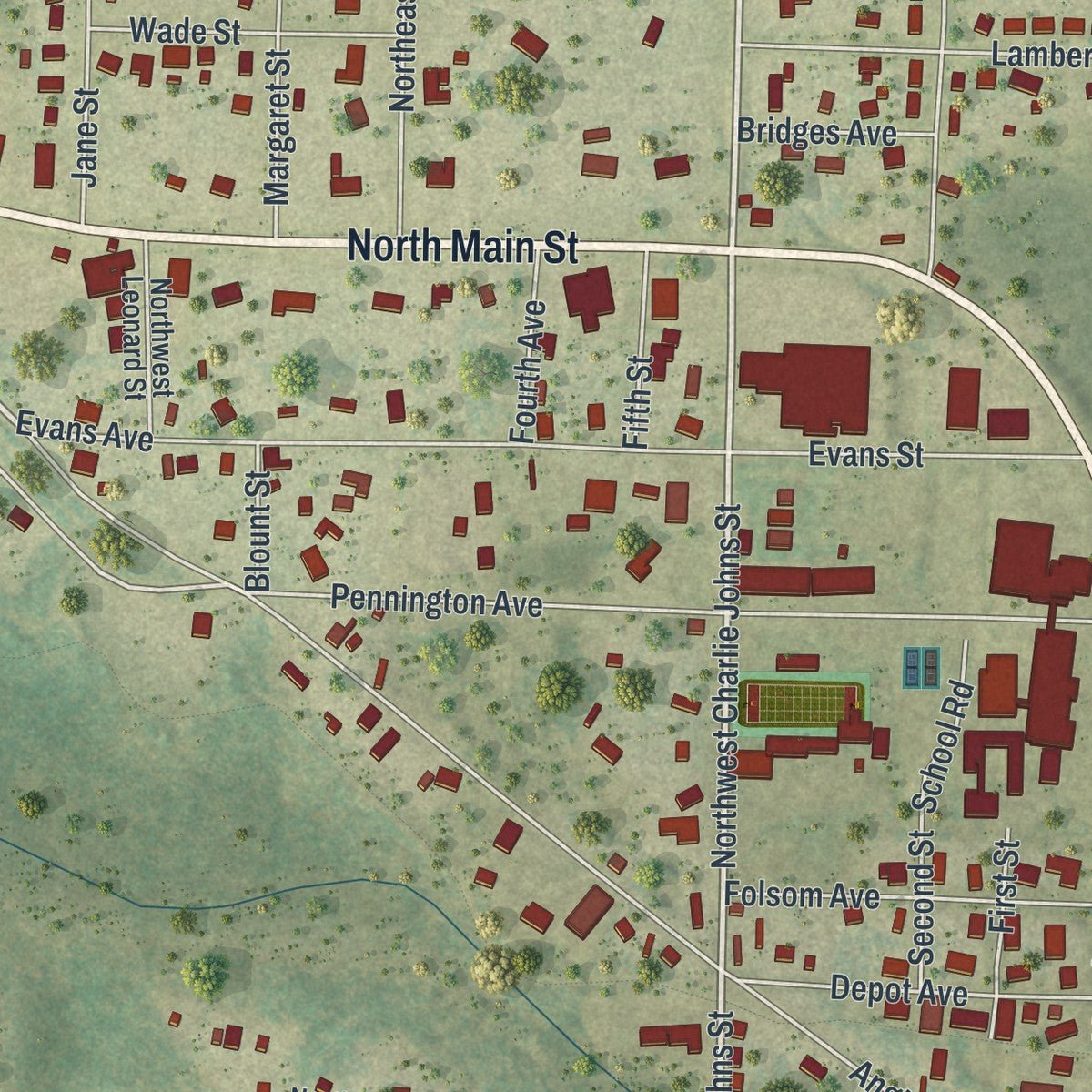 Second close-up of the map of Blountstown, Florida print showing more streets and buildings