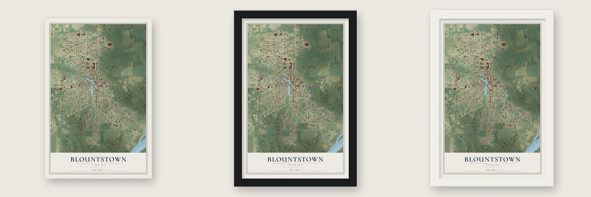 Blountstown, Florida map unframed, in a black wood frame and in a white wood frame