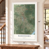 Blountstown, Florida map, 24 x 36 inch print in a white frame by a staircase