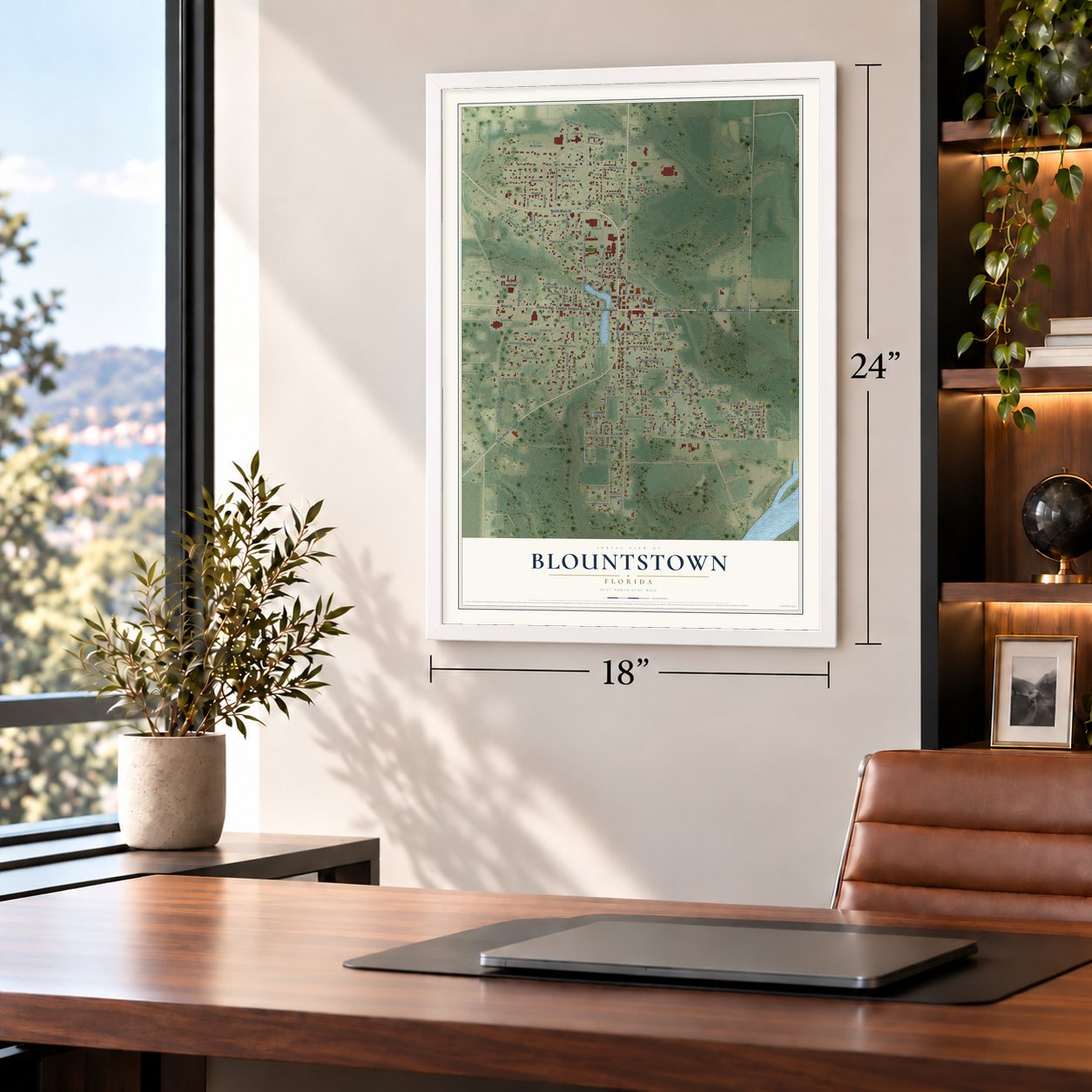 Blountstown, Florida map, 18 x 24 inch print in a white frame in a home office