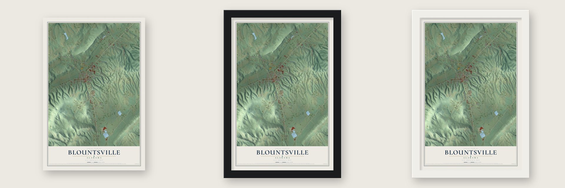 Blountsville, Alabama map unframed, in a black wood frame and in a white wood frame