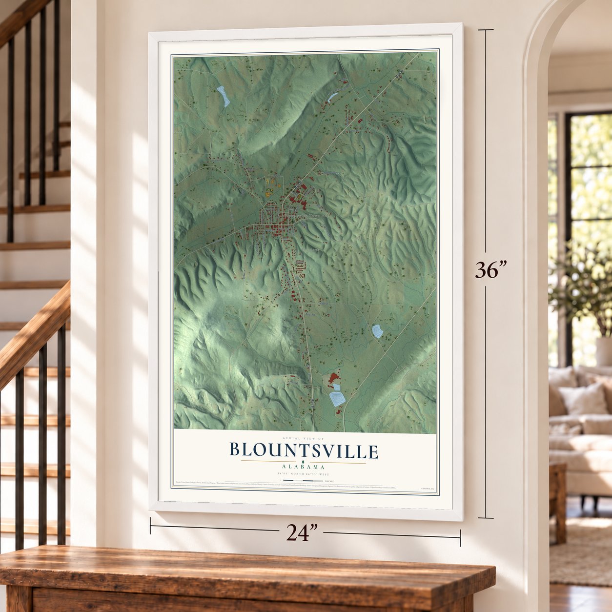 Blountsville, Alabama map, 24 x 36 inch print in a white frame by a staircase