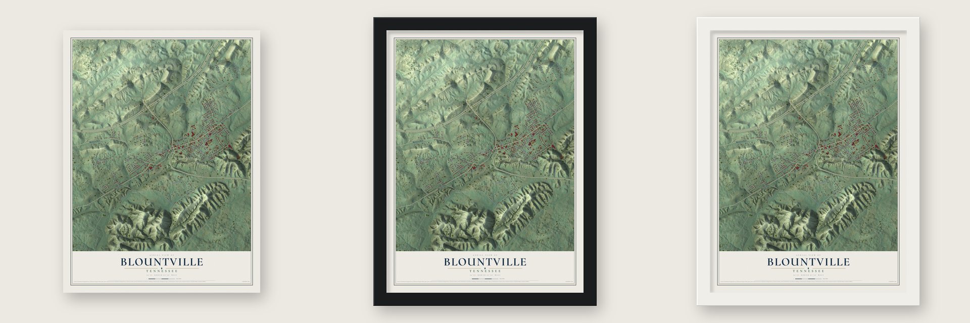 Blountville, Tennessee map unframed, in a black wood frame and in a white wood frame