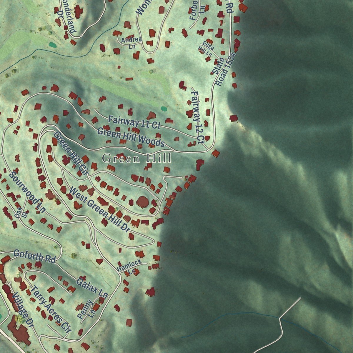 Second close-up of the map of Blowing Rock, North Carolina print showing more streets and buildings